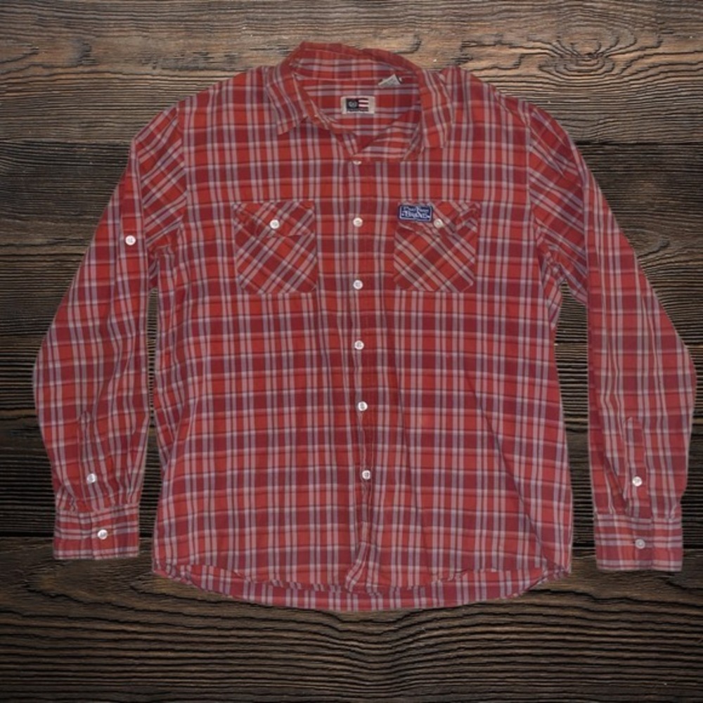Vintage Phat Farm Red Plaid Button Up Shirt‎ Mens Large Y2K Streetwear Patchwork